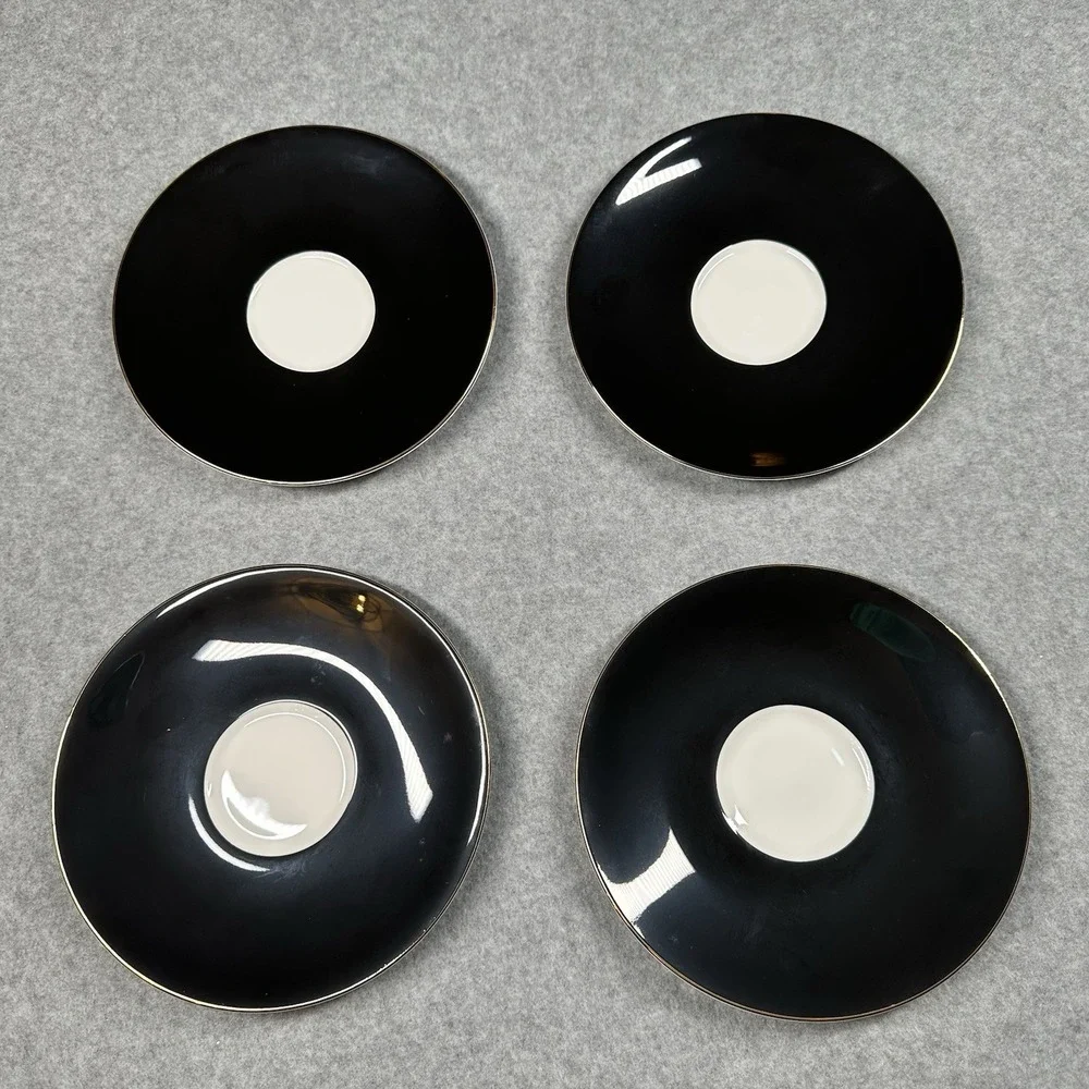 Wedgwood Barbara Barry Curtain Call Black Gold Cappuccino Saucers 6.5 in Set 4